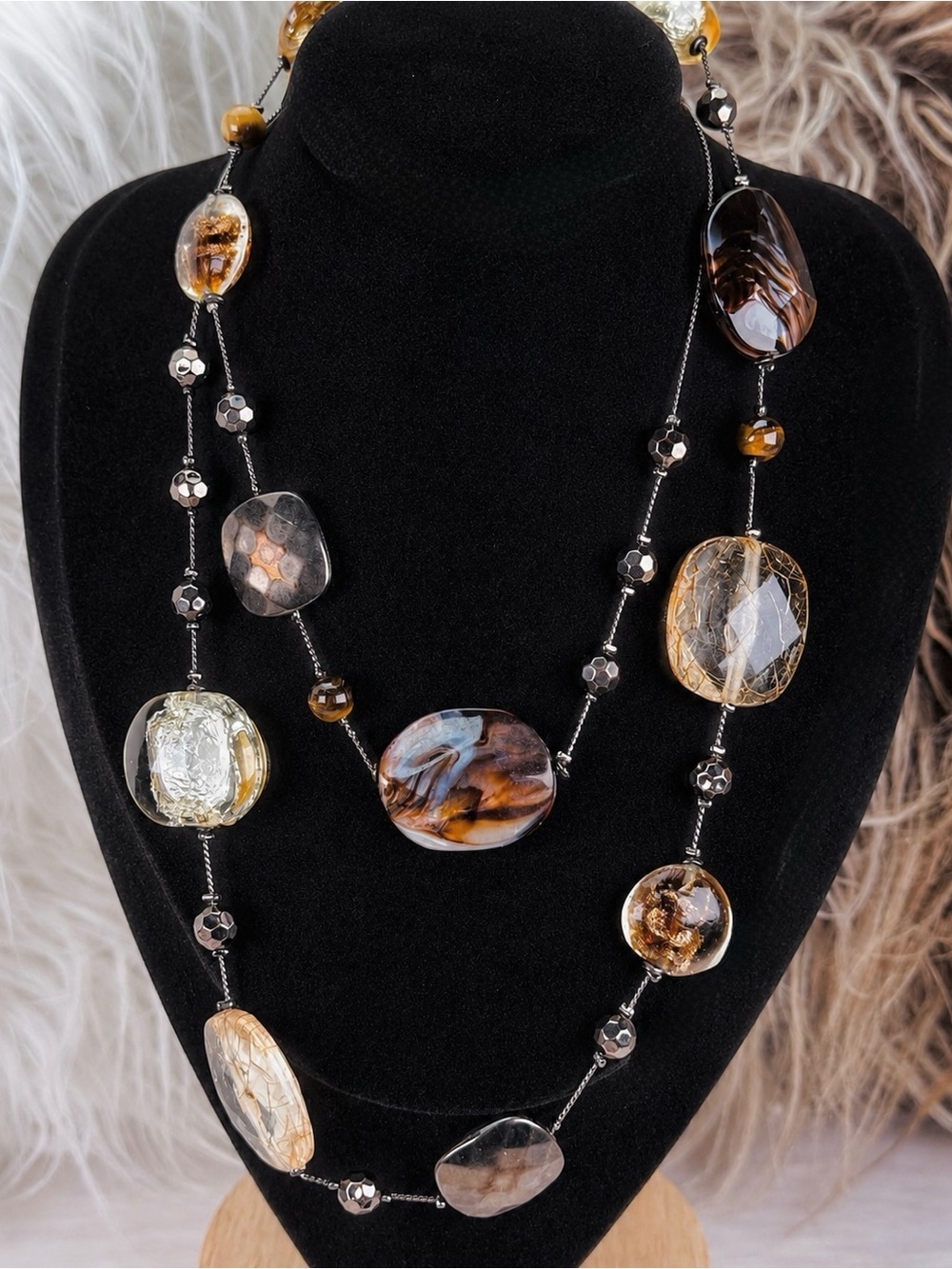 Vintage long layering, multi colored stone accent necklace